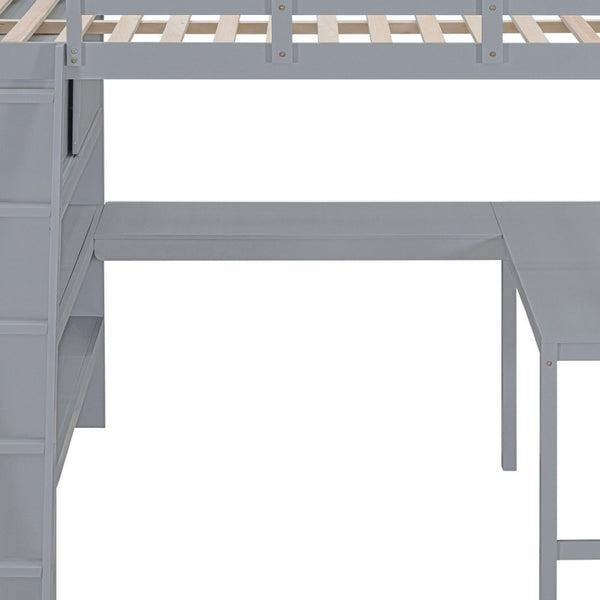 HomeRoots Gray Four Poster Full Loft Bed with Desk & Shelves - Stylish Space-Saving Solution for Any Room 596582
