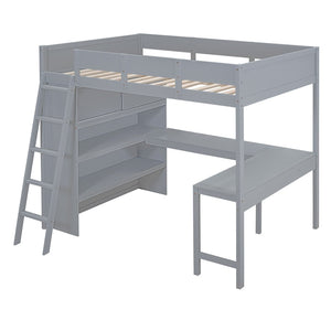 HomeRoots Gray Four Poster Full Loft Bed with Desk & Shelves - Stylish Space-Saving Solution for Any Room 596582
