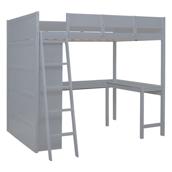 HomeRoots Gray Four Poster Full Loft Bed with Desk & Shelves - Stylish Space-Saving Solution for Any Room 596582