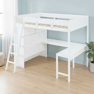 HomeRoots White Four Poster Loft Bed with Integrated Desk & Shelves - Stylish Space-Saving Solution for All Rooms 596583