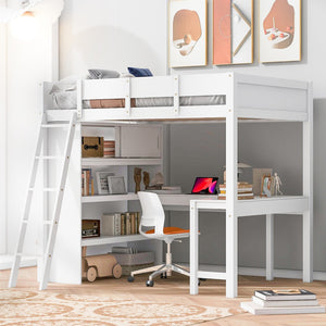 HomeRoots White Four Poster Loft Bed with Integrated Desk & Shelves - Stylish Space-Saving Solution for All Rooms 596583