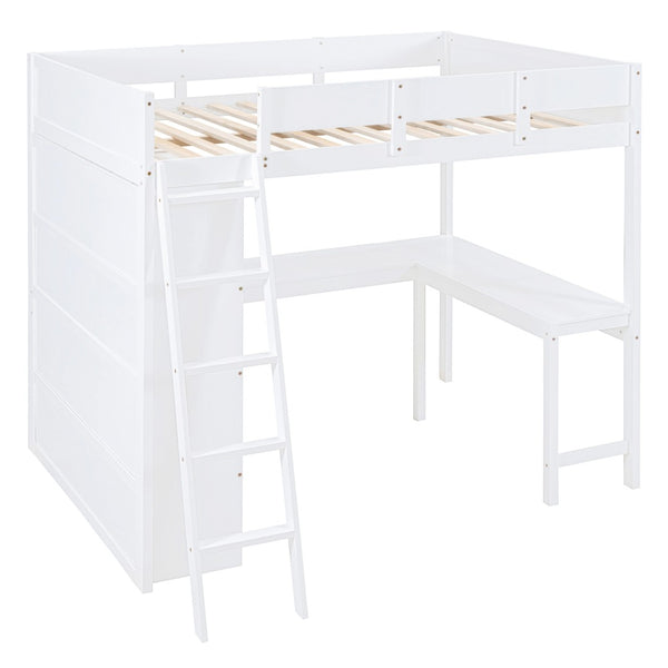 HomeRoots White Four Poster Loft Bed with Integrated Desk & Shelves - Stylish Space-Saving Solution for All Rooms 596583