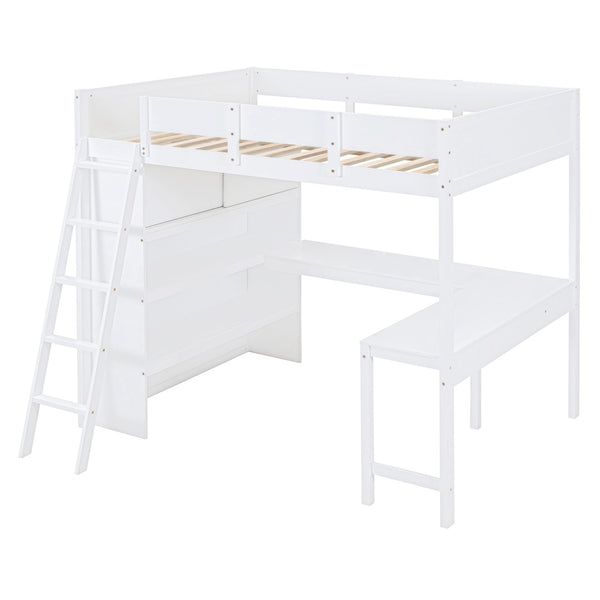 HomeRoots White Four Poster Loft Bed with Integrated Desk & Shelves - Stylish Space-Saving Solution for All Rooms 596583