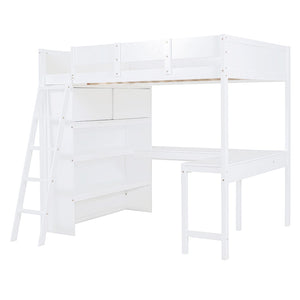 HomeRoots White Four Poster Loft Bed with Integrated Desk & Shelves - Stylish Space-Saving Solution for All Rooms 596583