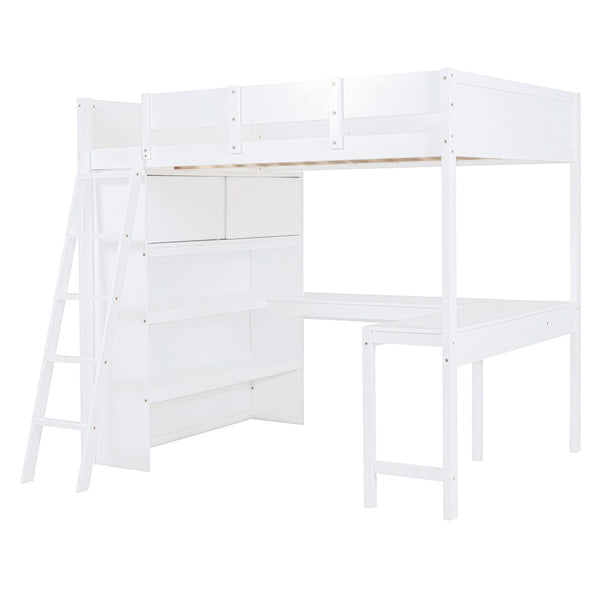 HomeRoots White Four Poster Loft Bed with Integrated Desk & Shelves - Stylish Space-Saving Solution for All Rooms 596583