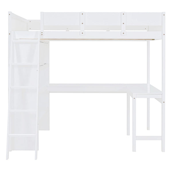 HomeRoots White Four Poster Loft Bed with Integrated Desk & Shelves - Stylish Space-Saving Solution for All Rooms 596583