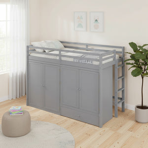 HomeRoots Gray Four Poster Twin Loft Bed with Built-In Shelves - Stylish Space-Saving Solution for Kids' Rooms 596584