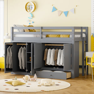 HomeRoots Gray Four Poster Twin Loft Bed with Built-In Shelves - Stylish Space-Saving Solution for Kids' Rooms 596584