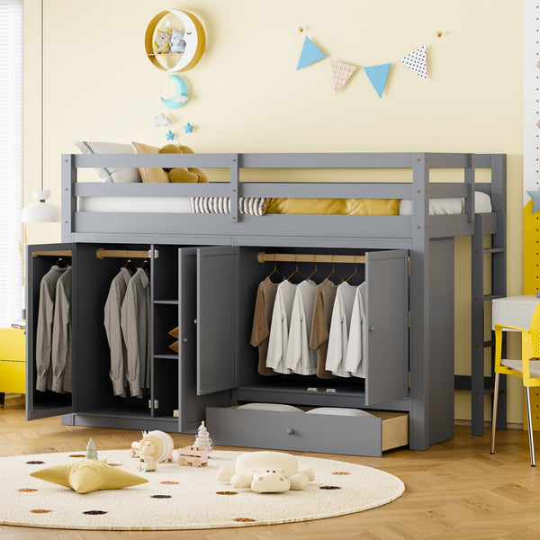 HomeRoots Gray Four Poster Twin Loft Bed with Built-In Shelves - Stylish Space-Saving Solution for Kids' Rooms 596584