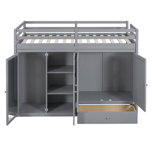 HomeRoots Gray Four Poster Twin Loft Bed with Built-In Shelves - Stylish Space-Saving Solution for Kids' Rooms 596584