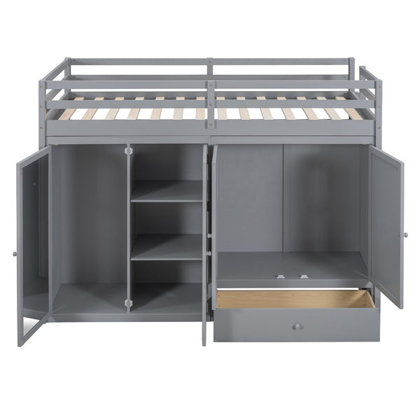 HomeRoots Gray Four Poster Twin Loft Bed with Built-In Shelves - Stylish Space-Saving Solution for Kids' Rooms 596584