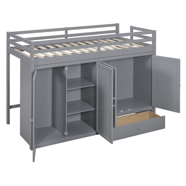 HomeRoots Gray Four Poster Twin Loft Bed with Built-In Shelves - Stylish Space-Saving Solution for Kids' Rooms 596584