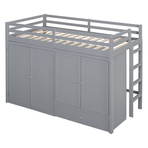 HomeRoots Gray Four Poster Twin Loft Bed with Built-In Shelves - Stylish Space-Saving Solution for Kids' Rooms 596584