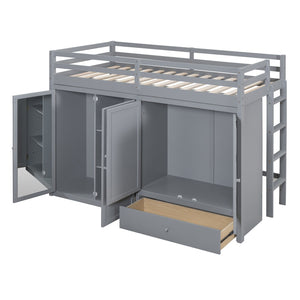 HomeRoots Gray Four Poster Twin Loft Bed with Built-In Shelves - Stylish Space-Saving Solution for Kids' Rooms 596584