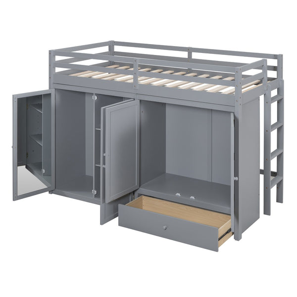 HomeRoots Gray Four Poster Twin Loft Bed with Built-In Shelves - Stylish Space-Saving Solution for Kids' Rooms 596584