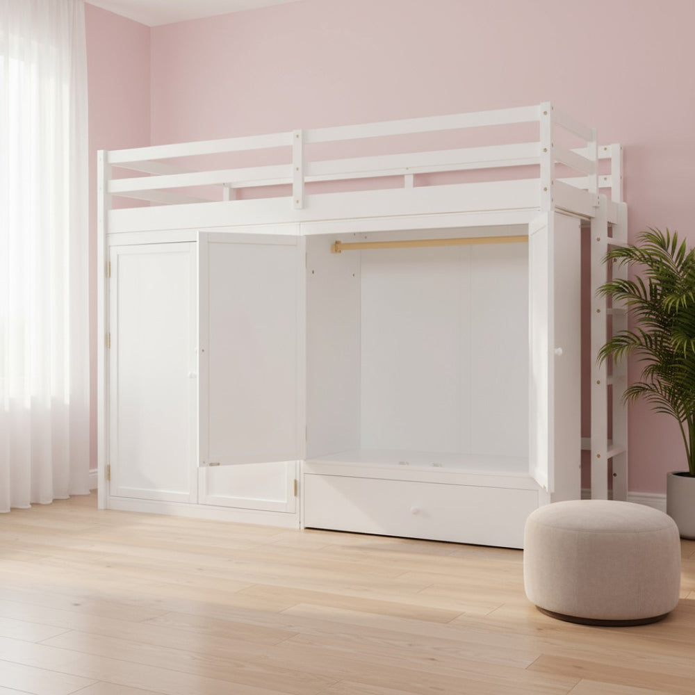 HomeRoots White Four Poster Loft Bed for Twin Mattress - Stylish Space-Saving Design with Under-Bed Storage 596585
