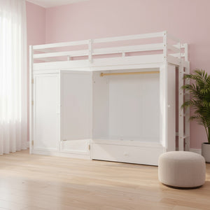 HomeRoots White Four Poster Loft Bed for Twin Mattress - Stylish Space-Saving Design with Under-Bed Storage 596585