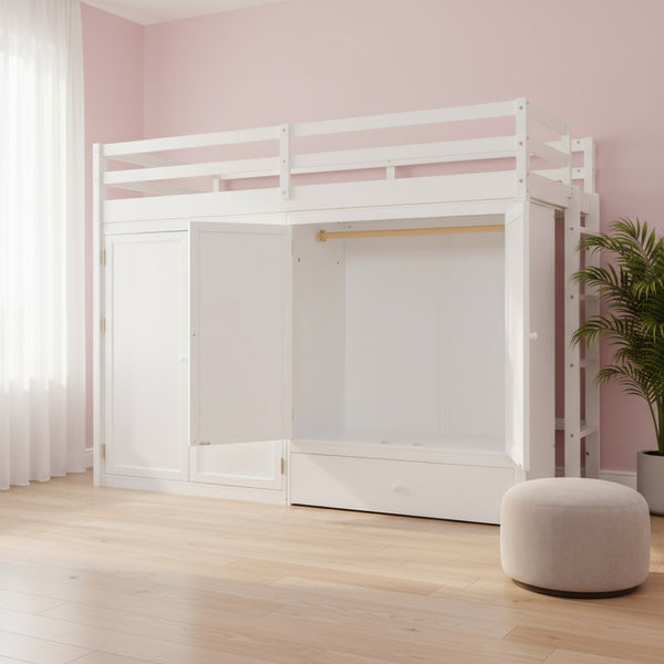 HomeRoots White Four Poster Loft Bed for Twin Mattress - Stylish Space-Saving Design with Under-Bed Storage 596585
