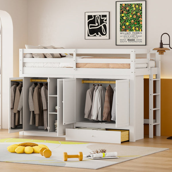 HomeRoots White Four Poster Loft Bed for Twin Mattress - Stylish Space-Saving Design with Under-Bed Storage 596585