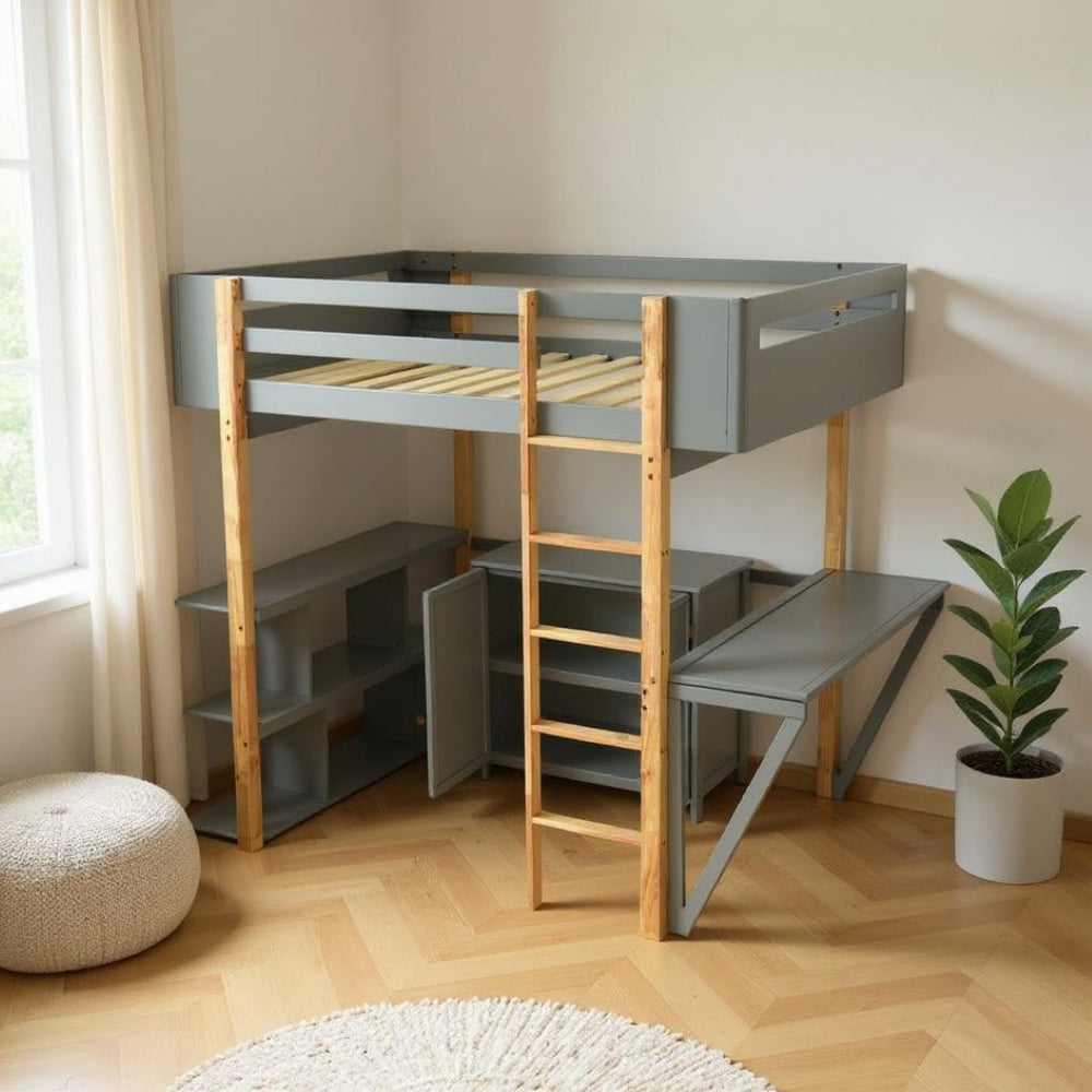 HomeRoots Gray Four Poster Twin Loft Bed with Integrated Desk, Storage Drawer & Stylish Shelving Solutions 596586