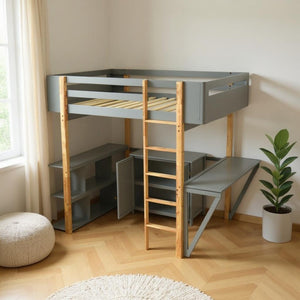 HomeRoots Gray Four Poster Twin Loft Bed with Integrated Desk, Storage Drawer & Stylish Shelving Solutions 596586