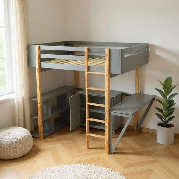 HomeRoots Gray Four Poster Twin Loft Bed with Integrated Desk, Storage Drawer & Stylish Shelving Solutions 596586