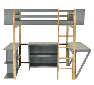 HomeRoots Gray Four Poster Twin Loft Bed with Integrated Desk, Storage Drawer & Stylish Shelving Solutions 596586