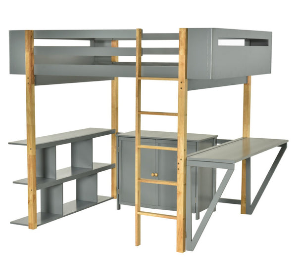 HomeRoots Gray Four Poster Twin Loft Bed with Integrated Desk, Storage Drawer & Stylish Shelving Solutions 596586