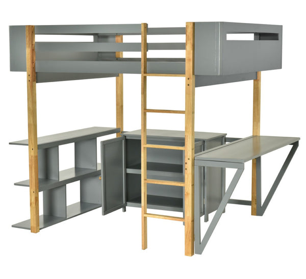 HomeRoots Gray Four Poster Twin Loft Bed with Integrated Desk, Storage Drawer & Stylish Shelving Solutions 596586
