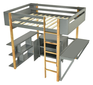 HomeRoots Gray Four Poster Twin Loft Bed with Integrated Desk, Storage Drawer & Stylish Shelving Solutions 596586