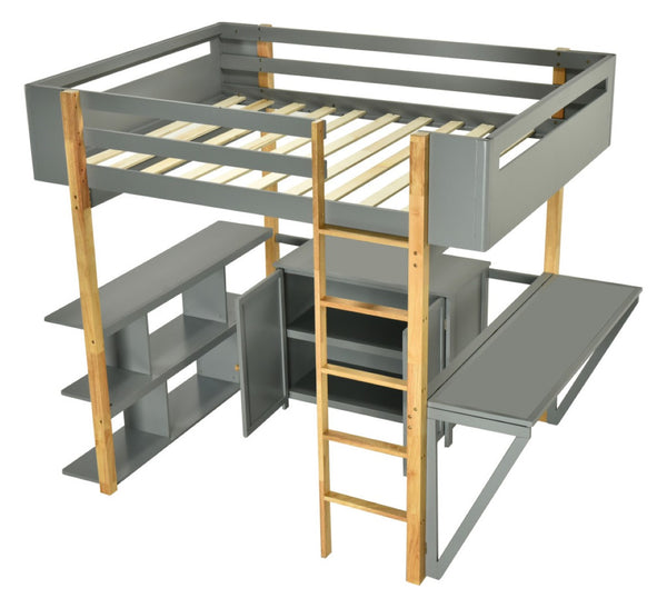 HomeRoots Gray Four Poster Twin Loft Bed with Integrated Desk, Storage Drawer & Stylish Shelving Solutions 596586