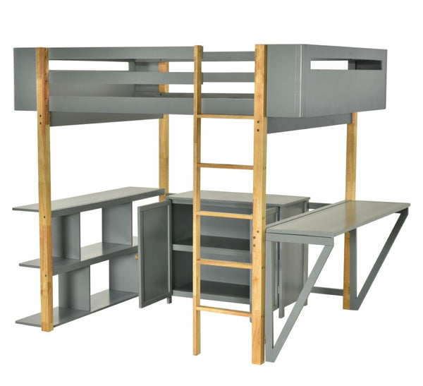HomeRoots Gray Four Poster Twin Loft Bed with Integrated Desk, Storage Drawer & Stylish Shelving Solutions 596586
