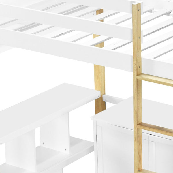 HomeRoots White Four Poster Twin Loft Bed with Integrated Desk, Drawer & Shelving for Space-Saving Style 596587
