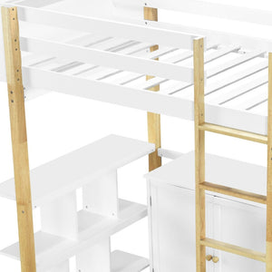 HomeRoots White Four Poster Twin Loft Bed with Integrated Desk, Drawer & Shelving for Space-Saving Style 596587