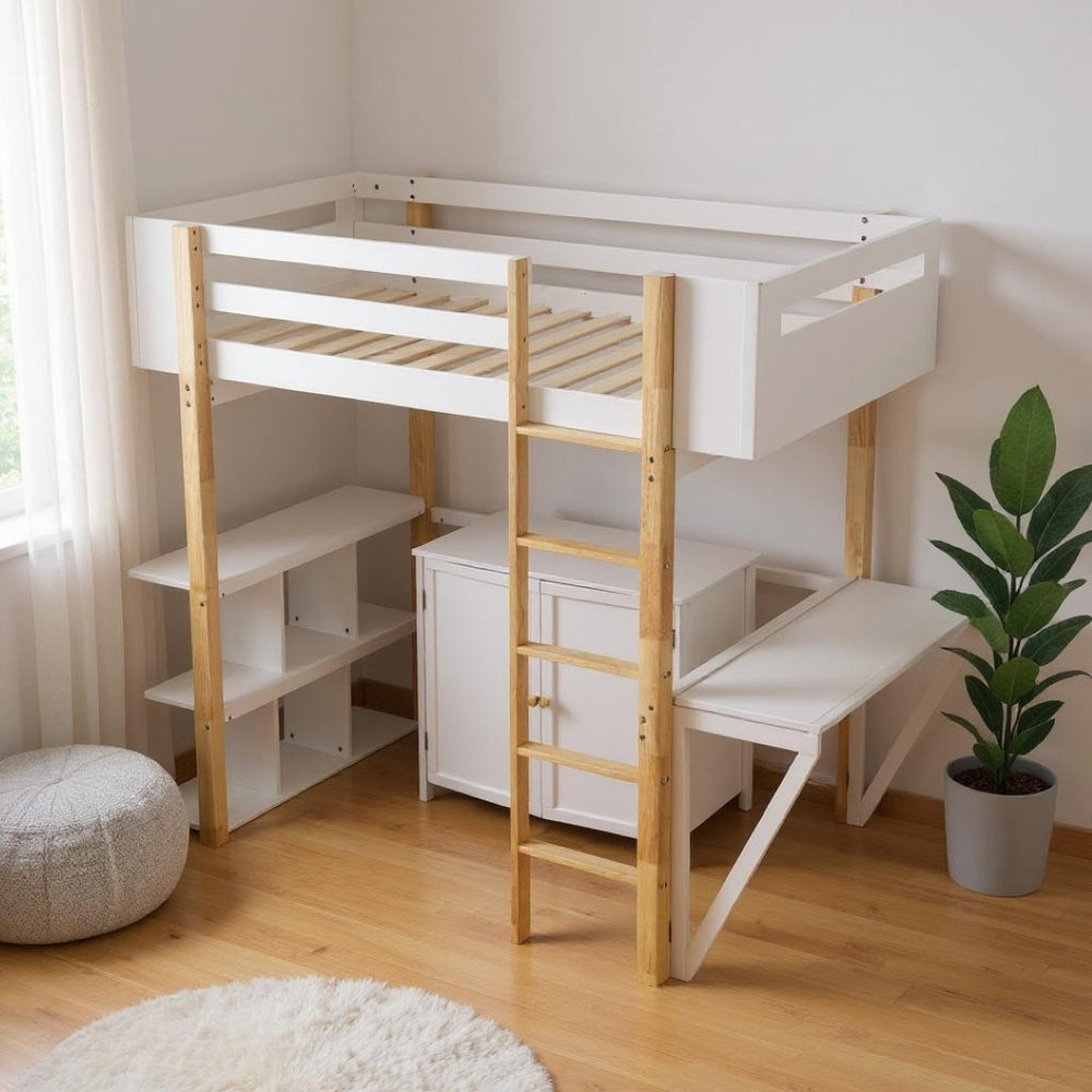 HomeRoots White Four Poster Twin Loft Bed with Integrated Desk, Drawer & Shelving for Space-Saving Style 596587