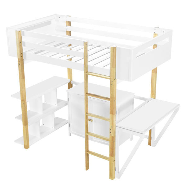 HomeRoots White Four Poster Twin Loft Bed with Integrated Desk, Drawer & Shelving for Space-Saving Style 596587