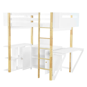 HomeRoots White Four Poster Twin Loft Bed with Integrated Desk, Drawer & Shelving for Space-Saving Style 596587