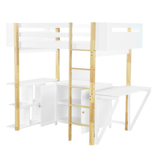 HomeRoots White Four Poster Twin Loft Bed with Integrated Desk, Drawer & Shelving for Space-Saving Style 596587