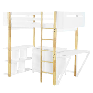 HomeRoots White Four Poster Twin Loft Bed with Integrated Desk, Drawer & Shelving for Space-Saving Style 596587