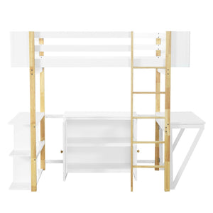 HomeRoots White Four Poster Twin Loft Bed with Integrated Desk, Drawer & Shelving for Space-Saving Style 596587