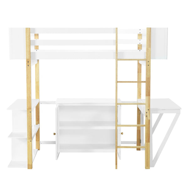 HomeRoots White Four Poster Twin Loft Bed with Integrated Desk, Drawer & Shelving for Space-Saving Style 596587