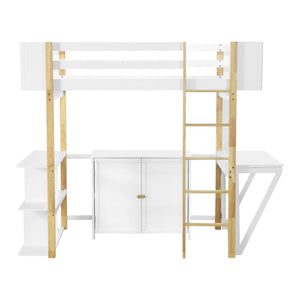 HomeRoots White Four Poster Twin Loft Bed with Integrated Desk, Drawer & Shelving for Space-Saving Style 596587