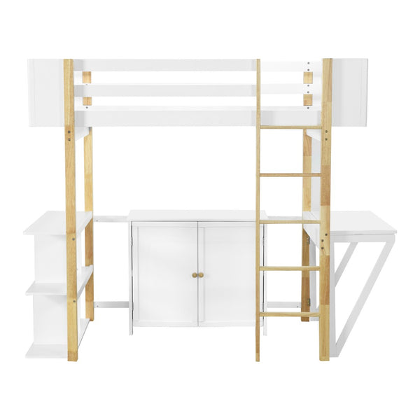 HomeRoots White Four Poster Twin Loft Bed with Integrated Desk, Drawer & Shelving for Space-Saving Style 596587