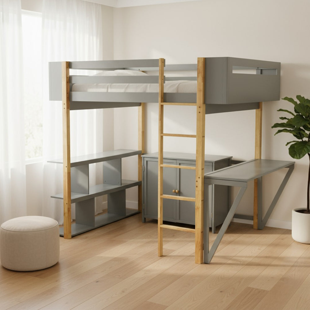 HomeRoots Gray Four Poster Loft Bed with Desk & Shelves - Elegant Space-Saving Design for Stylish Bedrooms 596588