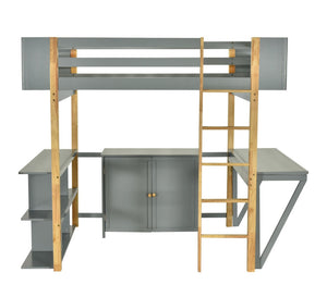 HomeRoots Gray Four Poster Loft Bed with Desk & Shelves - Elegant Space-Saving Design for Stylish Bedrooms 596588