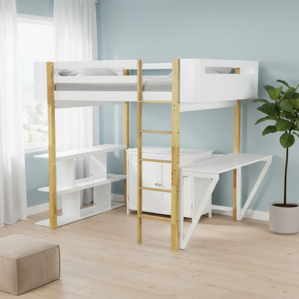 HomeRoots White Four Poster Loft Bed with Integrated Desk & Shelves - Stylish Space-Saver for Small Rooms 596589