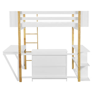 HomeRoots White Four Poster Loft Bed with Integrated Desk & Shelves - Stylish Space-Saver for Small Rooms 596589