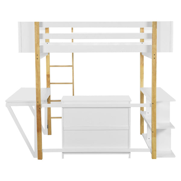 HomeRoots White Four Poster Loft Bed with Integrated Desk & Shelves - Stylish Space-Saver for Small Rooms 596589