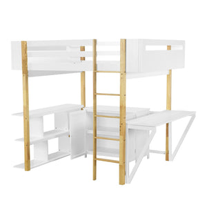 HomeRoots White Four Poster Loft Bed with Integrated Desk & Shelves - Stylish Space-Saver for Small Rooms 596589