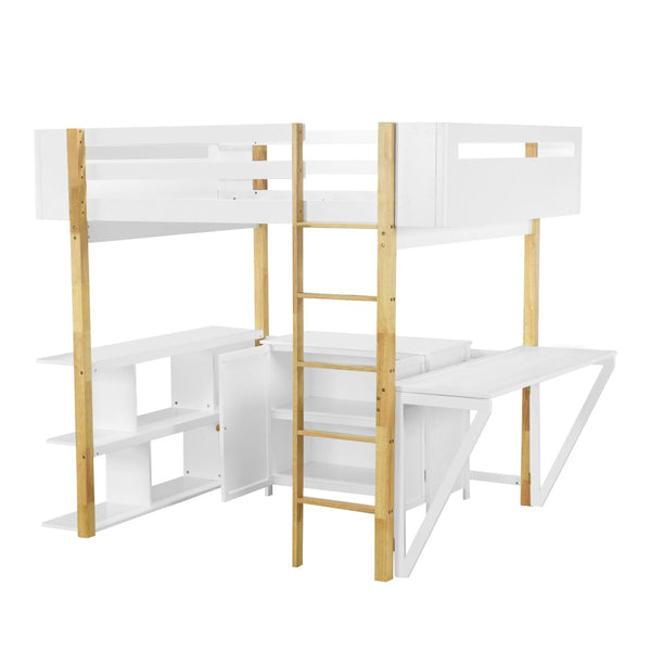 HomeRoots White Four Poster Loft Bed with Integrated Desk & Shelves - Stylish Space-Saver for Small Rooms 596589